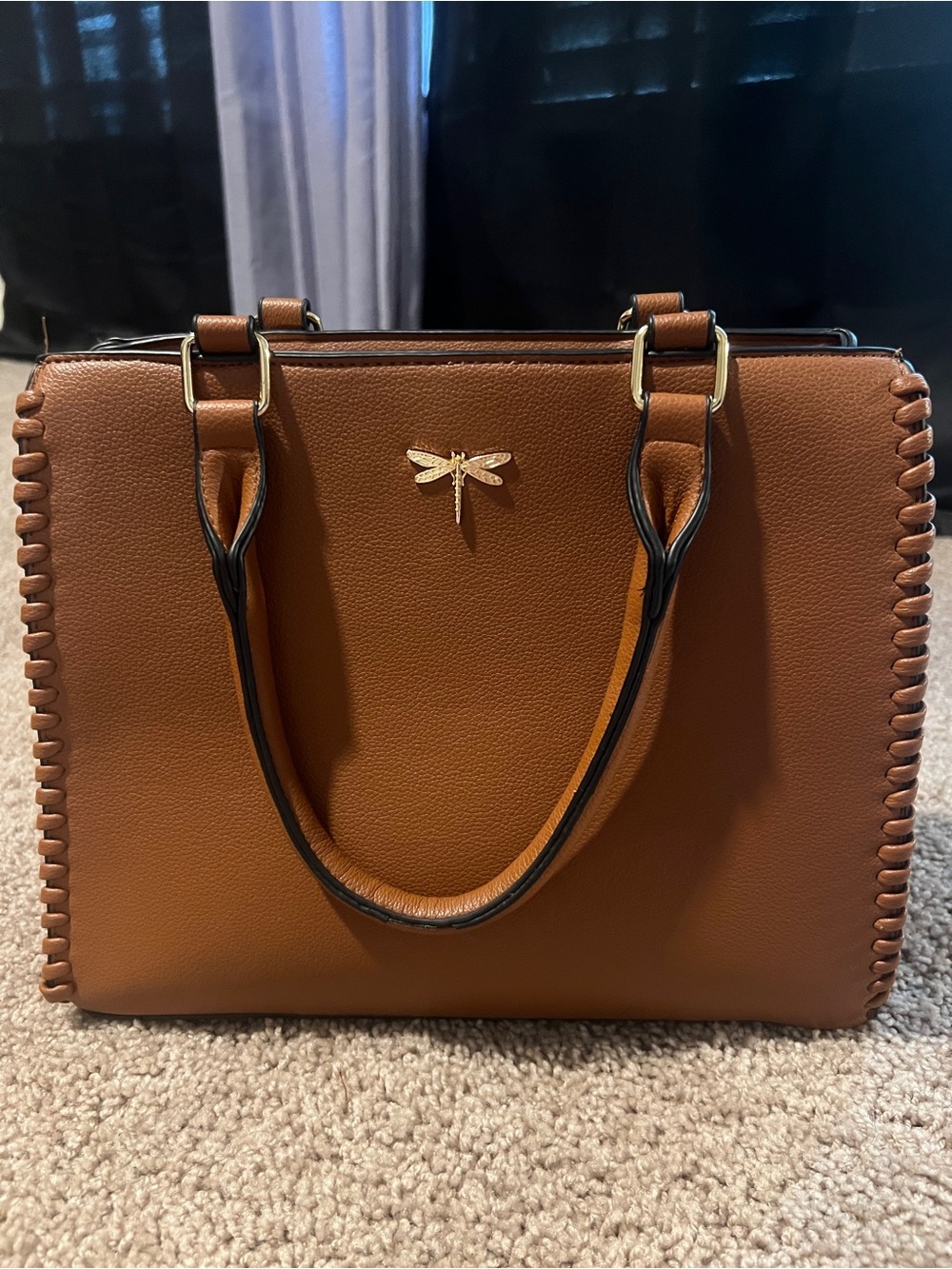 Women's Brown Leather Tote Handbag with Dragonfly Accent